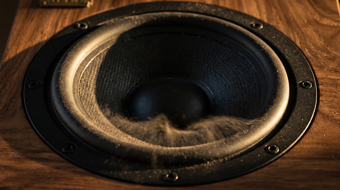 GRAIN storyboard frame: dust leaping from a speaker cone